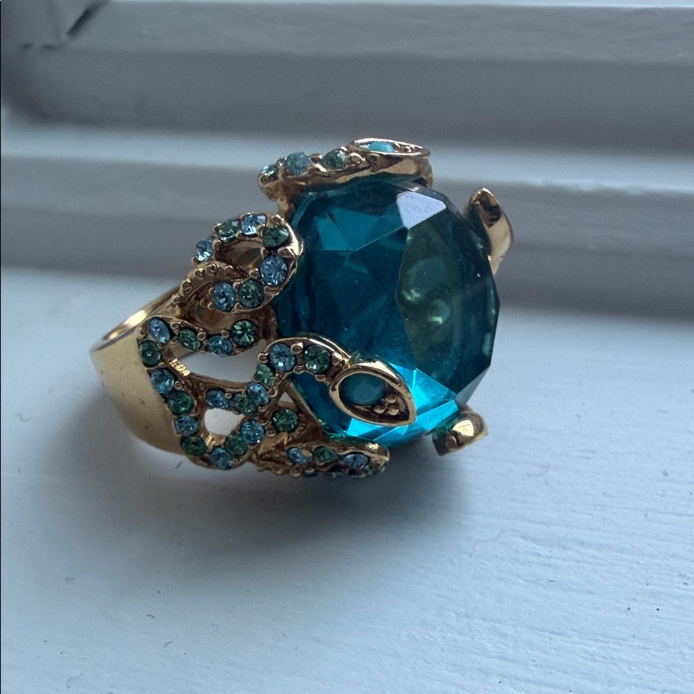 Gold-Tone Blue Crystal Statement Ring - Women Jewelry